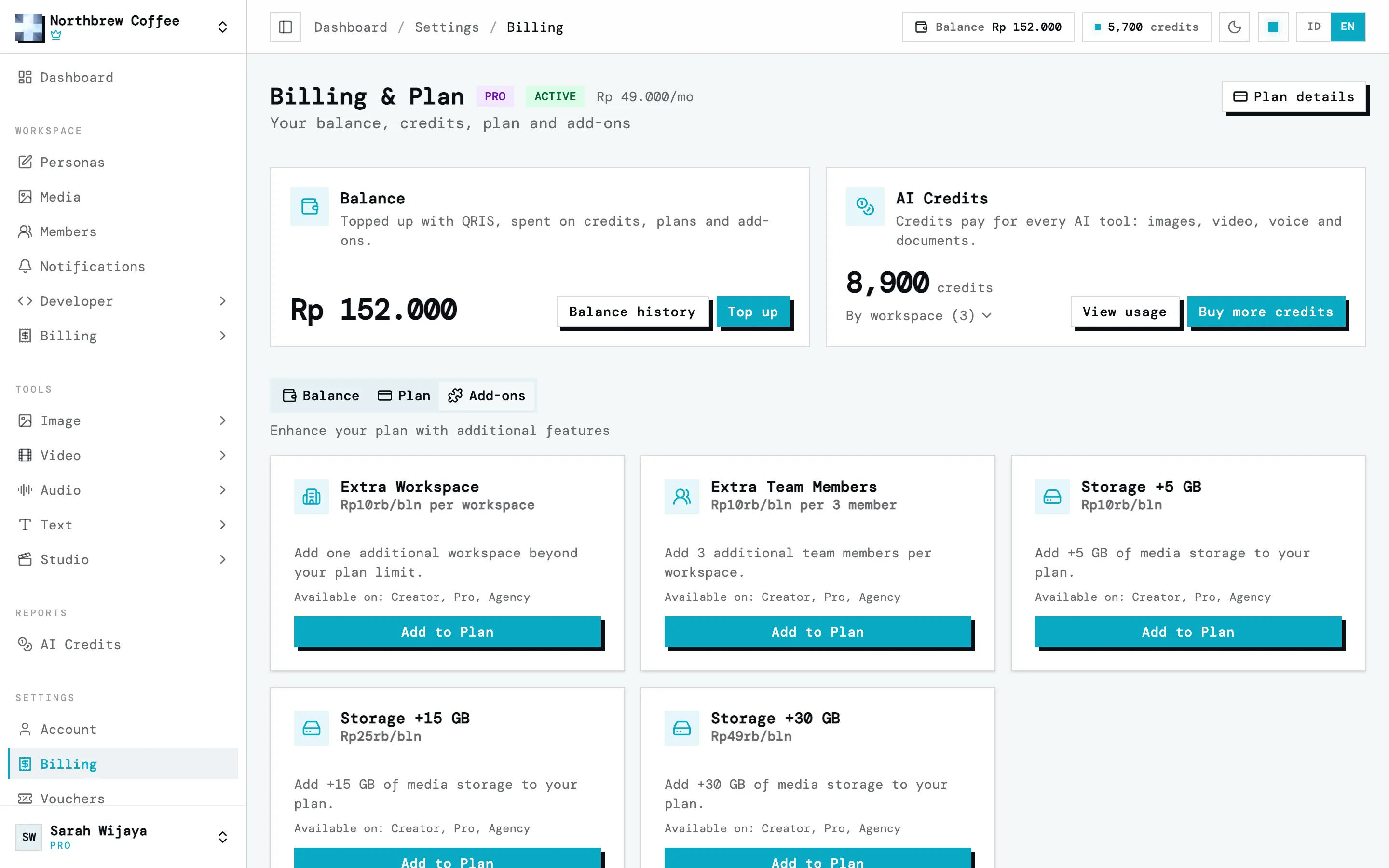 Tab Add-ons di halaman Tagihan dengan ruang kerja tambahan, anggota tambahan, dan penyimpanan tambahan.