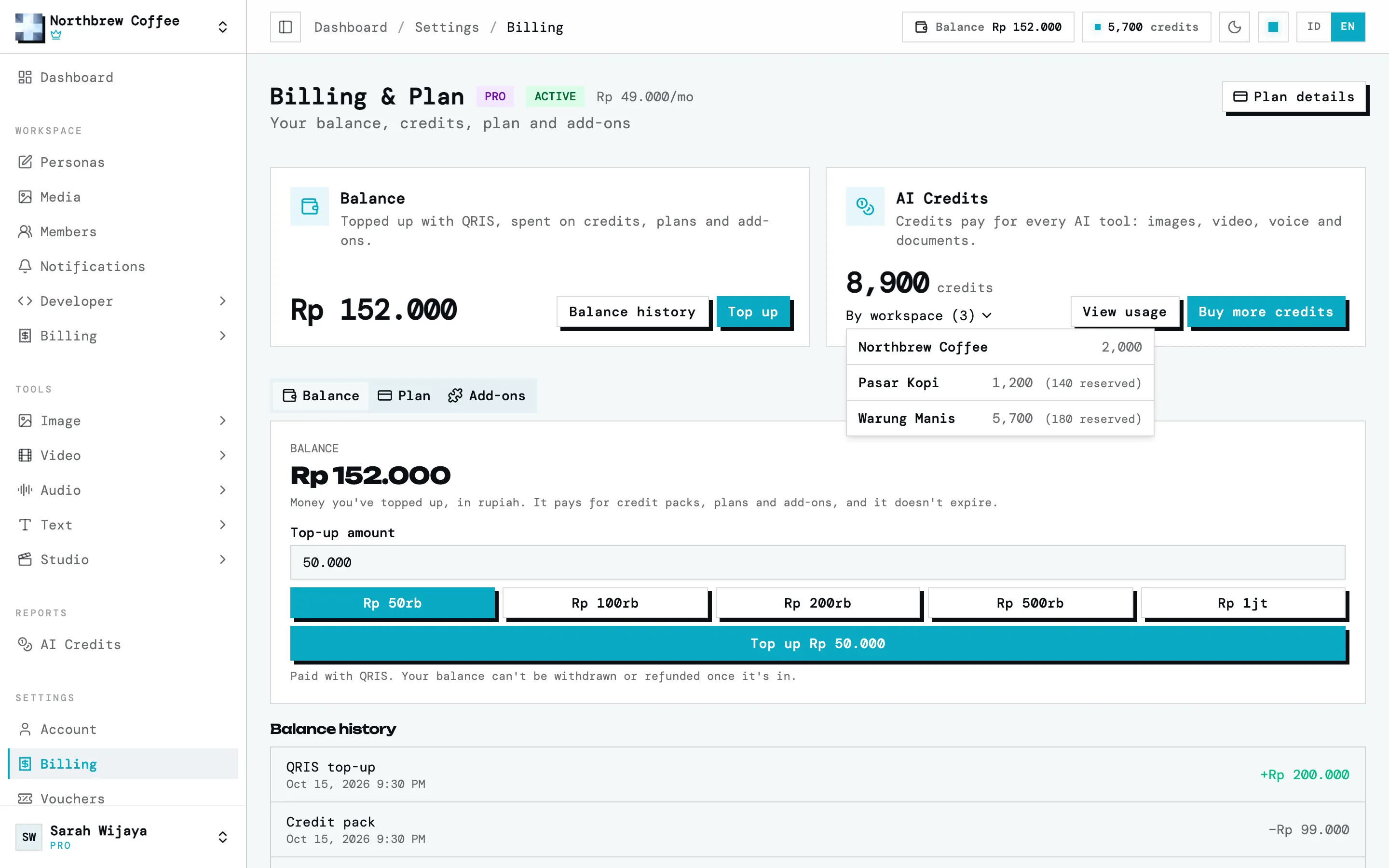 Kartu Kredit AI di halaman Tagihan dengan rincian per ruang kerja terbuka, berisi kredit tiap ruang kerja dan yang sedang ditahan.