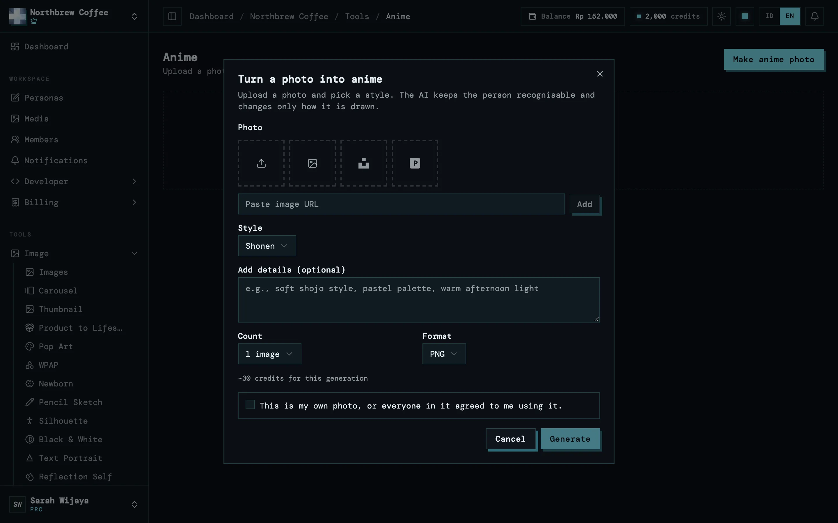 Formulir Anime dengan kotak centang pernyataan izin foto di atas tombol kirim.
