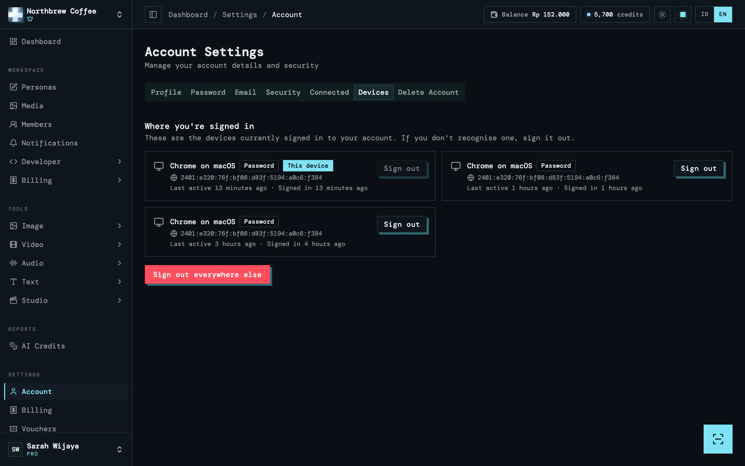 Tab Perangkat berisi daftar sesi aktif beserta browser, cara masuk, alamat IP, dan aktivitas terakhirnya.