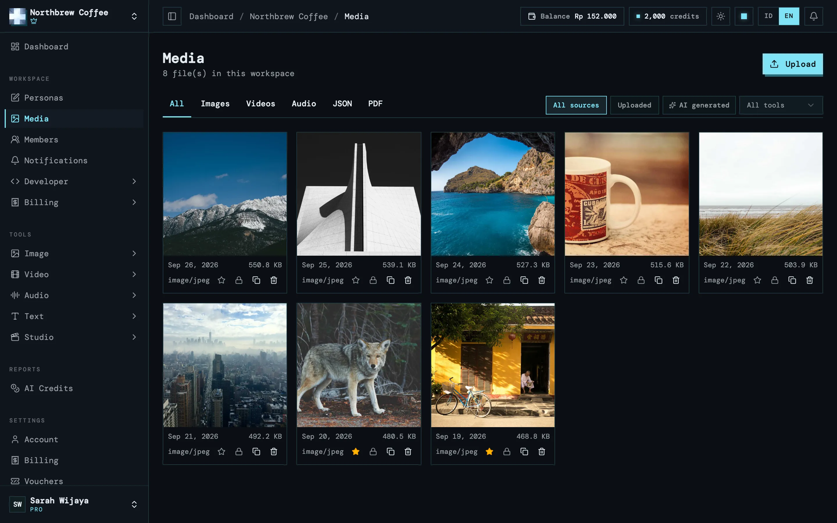 Pustaka media ruang kerja, berupa grid file dengan tab jenis, filter sumber, dan aksi per file.