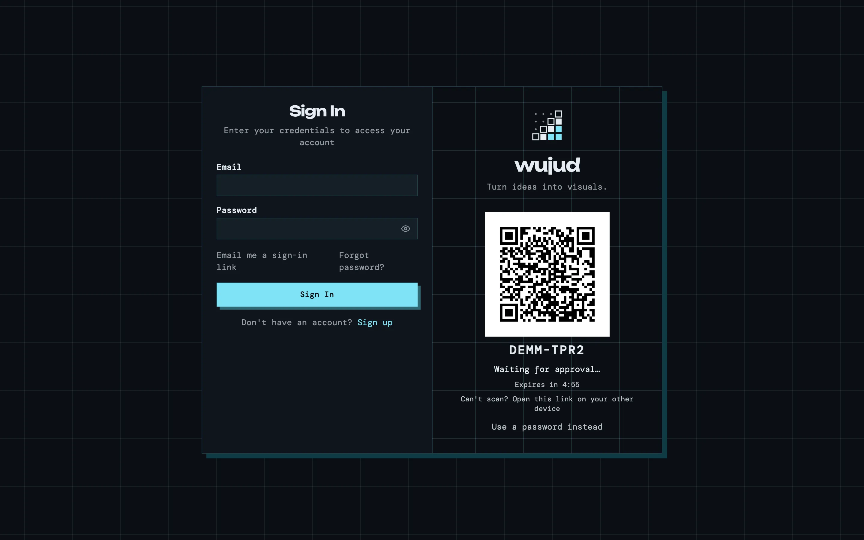 Layar masuk QR menampilkan kode QR, kode pendek yang sesuai, dan hitung mundur.
