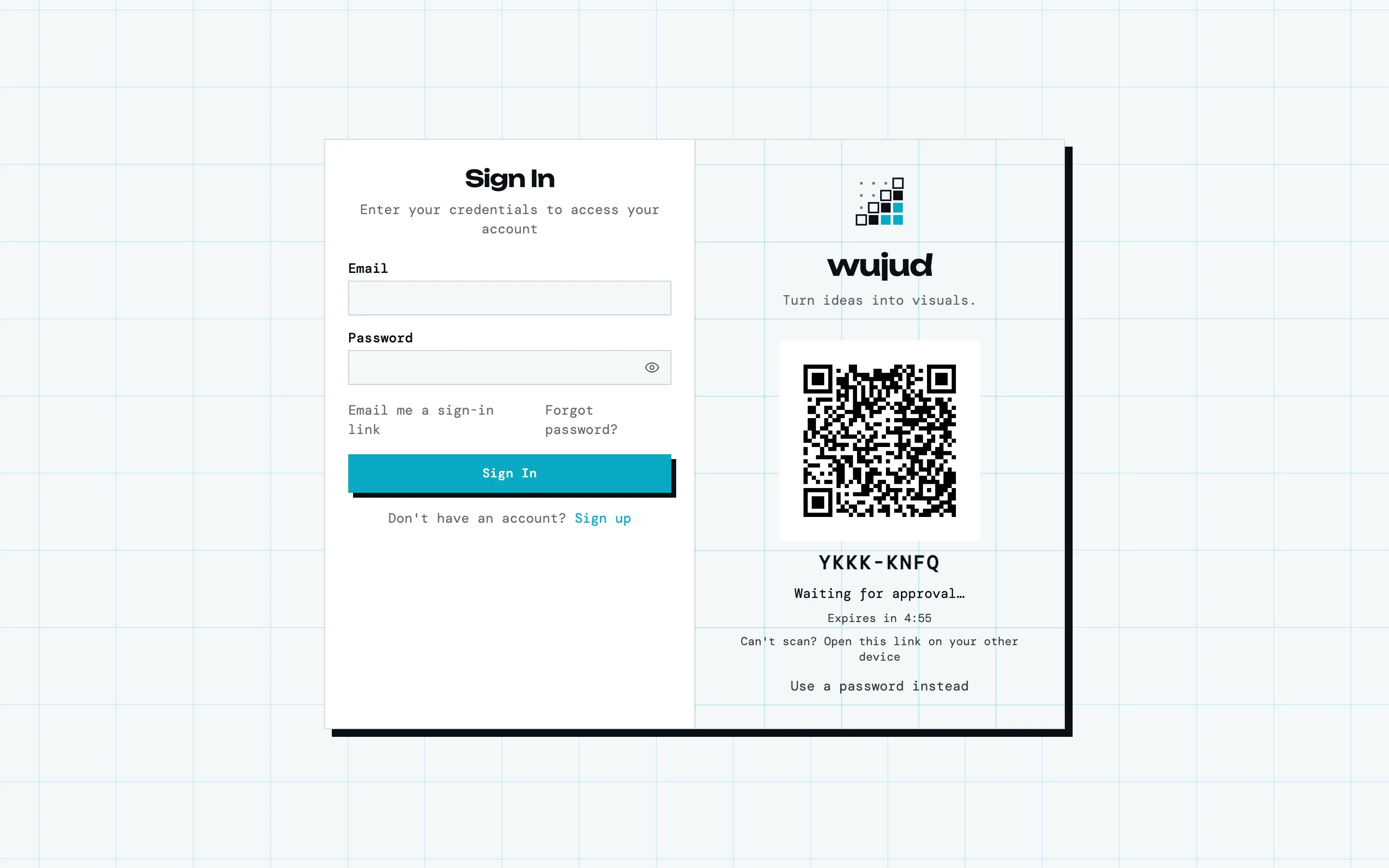 Layar masuk QR menampilkan kode QR, kode pendek yang sesuai, dan hitung mundur.